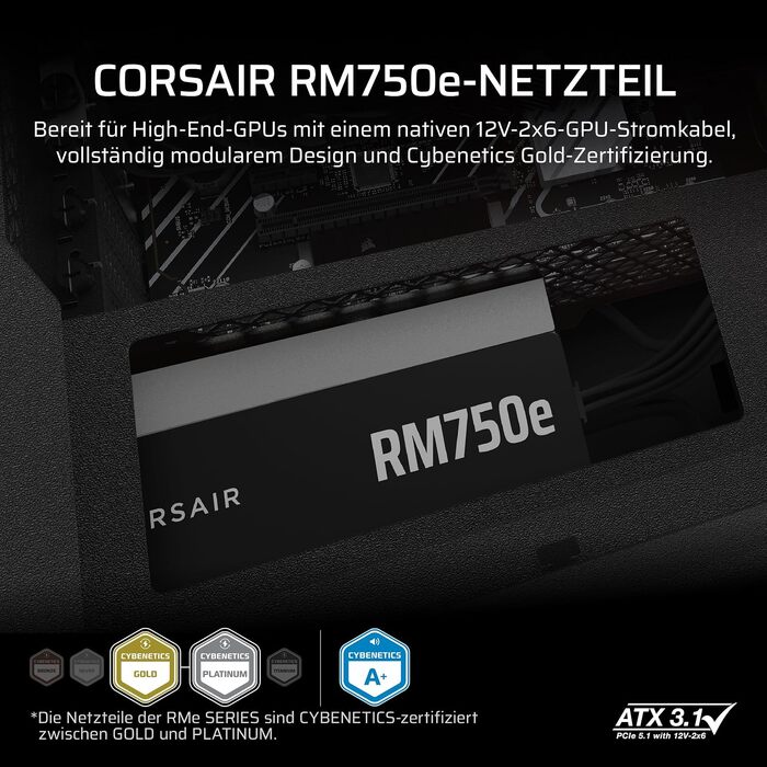 Блок живлення Corsair RM750e (2025) 750W, повністю модульний, ATX 3.1, PCIe 5.1, 12V-2x6, Cybenetics Gold, низький рівень шуму, чорний