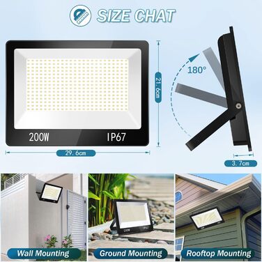 YIQIBRO LED Flood Light Outdoor, IP67 Waterproof Floodlight, 10000LM 6500K Cold White Super Bright LED Spotlight Outdoor Floodlight for Warehouse, Garden, Garage, Yard, Parking Lot (200W)
