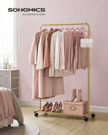 SONGMICS Clothes Rack, Rolling Garment Rack, Metal Clothes Stand, Rolling Wardrobe 91 cm wide, with Shelf, 2 Wheels with Brake, Rod Loadable up to 40 kg, Gold HSR025A01