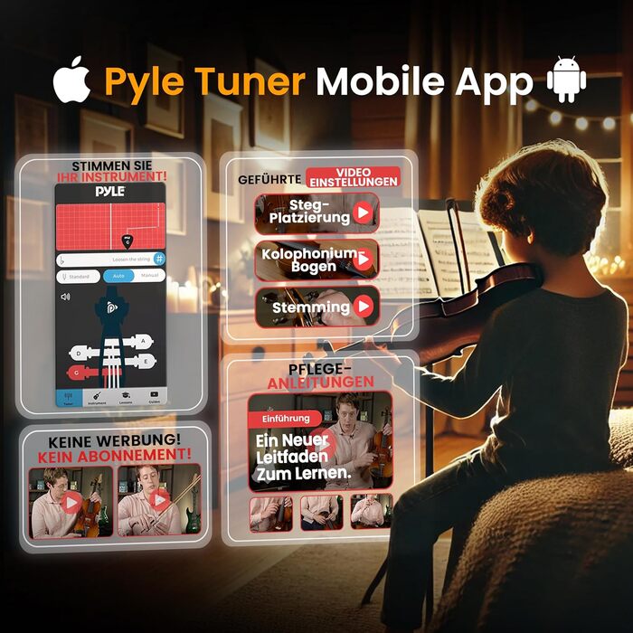 Скрипка Pyle 3/4 з дерева – повний набір для дітей та початківців (скрипка, смычок, футляр, підставка, тюнер, каніфоль, запасні струни)