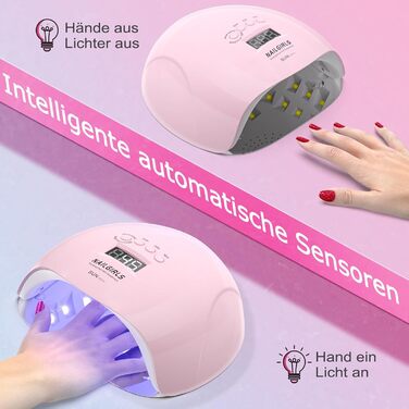 LED UV лампа для нігтів NAILGIRLS 150W з таймером, датчиком та LCD дисплеєм. Підходить для гель-лаку, пальців та нігтів. Рожевий колір.