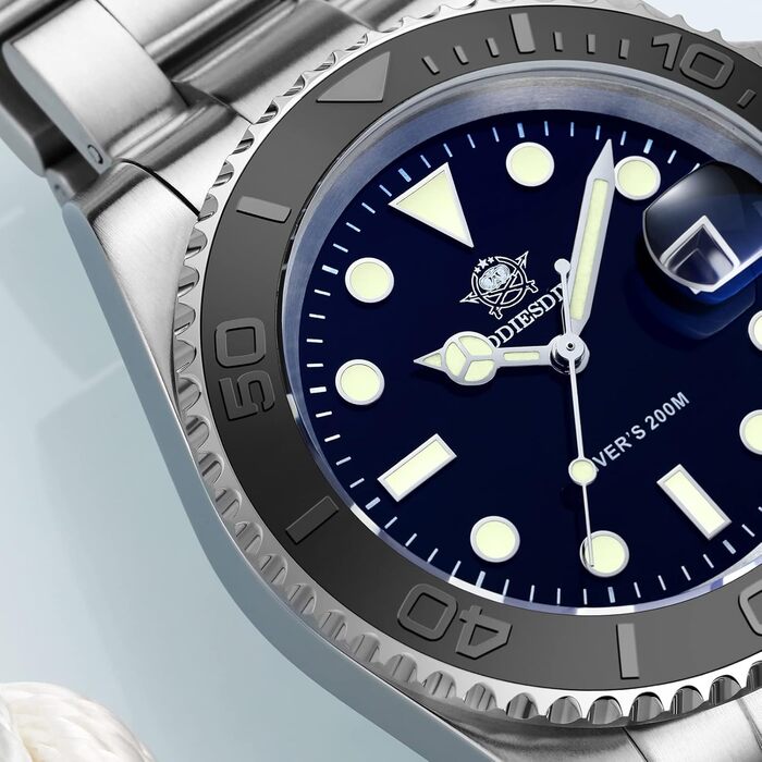 Годинник чоловічий ADDIESDIVE з кварцовим механізмом, аналоговий, водостійкий 20bar, з нержавіючої сталі, великий, зі світловідбиваючим покриттям (морський блакитний)