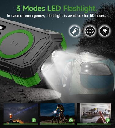 Портативний зарядний пристрій Solar Powerbank 56800mAh з бездротовою зарядкою, 30W PD, 6 виходів, ліхтарик, велика ємність для кемпінгу та подорожей (Зелений)