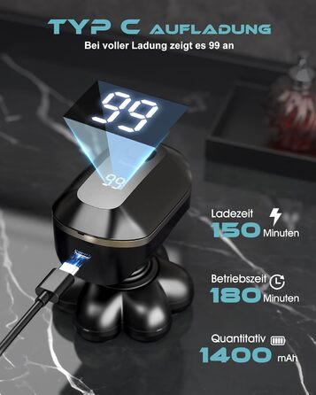 Машинка для гоління голови Glatzen Herren 7D, водонепроникна, для сухого та вологого гоління, з LED дисплеєм, Type-C, чорна