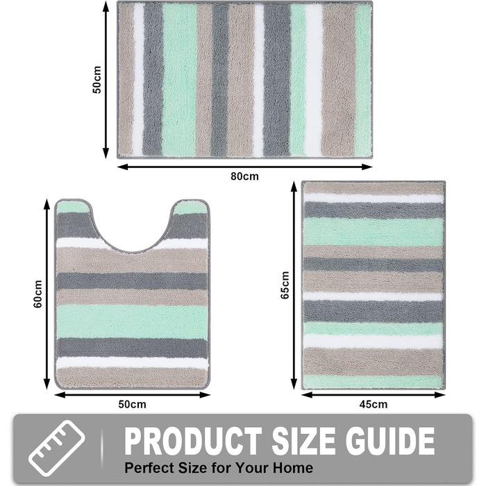 Pauwer Microfiber Bath Mat Set - 3 Piece Non-Slip Absorbent Bathroom Rugs for Shower, Bathtub & Toilet - Washable Bath Mat & Toilet Mat (Green)