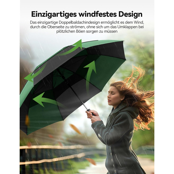TECKNET Головний парасолька великий XXL, гольф-парасолька 173 см, стійкий до вітру, подвійний купол, вентильований, автоматичне відкриття, ручка EVA, для жінок та чоловіків (чорний та зелений, 150 см)