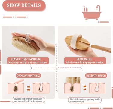 Щітка для тіла з довгим руків'ям, щітка для спини знімний руків'я, 2 насадки, для очищення тіла, скребок для спини в душі, натуральна щетина, Mango Largo