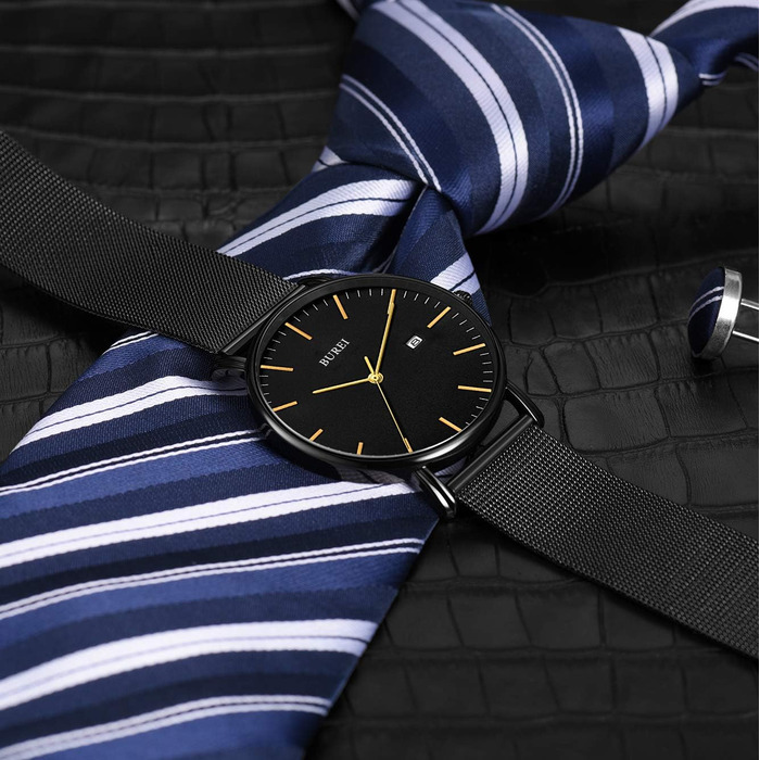 Чоловічий годинник BUREI, мінімалістичний аналоговий кварцовий годинник, водонепроникний, ультратонкий. Чорний колір - Or Noir