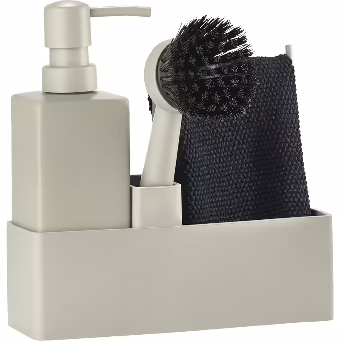 Zone Denmark Dishwashing Set, Dish Organizer with Soap Dispenser/Detergent Dispenser, Dishcloth and Dish Brush, 19 x 6 x 20.5 cm, 4-Piece Set, (19 x 6 x 20.5 cm, Mud)