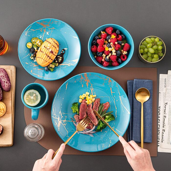 LOVECASA Сервіз столовий порцеляновий, Sweet 16-Piece Комбінований набір, 48-Piece Сервіз, дизайн з золотим напиленням, для 4-12 осіб, колір Aqua-fr-blue