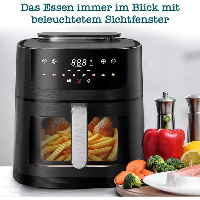 Stillstern Airfryer з оглядовим вікном, 8л, з парою та функцією Shake, 80-200°C, 1800W, таймер 120хв, 100 рецептів, чорний