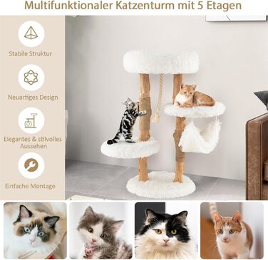 Дерев'яна кігтеточка SOARS для котів з 3-ма природними стовбурами, ліжко та плюшеві поверхні, з іграшковим м'ячиком та джутовим мотузком, багатоярусна, 59 x 49 x 110 см, білий колір