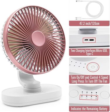 Портативний USB вентилятор на акумуляторі 4000mAh, 4 швидкості, осциляція, тихий, 16.5 см, рожеве золото