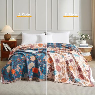 Богемна ковдра Boho з 100% бавовни, м'яка двостороння муслінова ковдра 150x200 см, плед для дивану та ліжка, декоративна patchwork ковдра, літня ковдра для вітальні, зелено-бежева (200 x 230 см, Blumentanz)