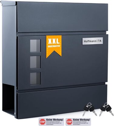 Поштовий ящик Zedelmaier з нержавіючої сталі, індивідуальне гравіювання, з газетницею, замком та 2 ключами, антрацит 33x31x10 см