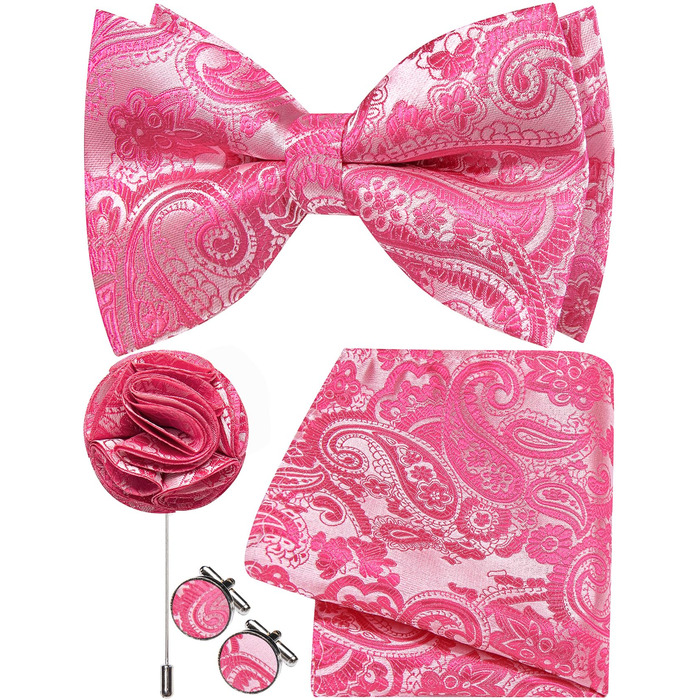 Метелик чоловічий Fuchsia з Paisley, комплект (4 предмети): краватка-метелик, нагрудна хустка, запонки, бутоньєрка для весілля, вечірки, ділових зустрічей