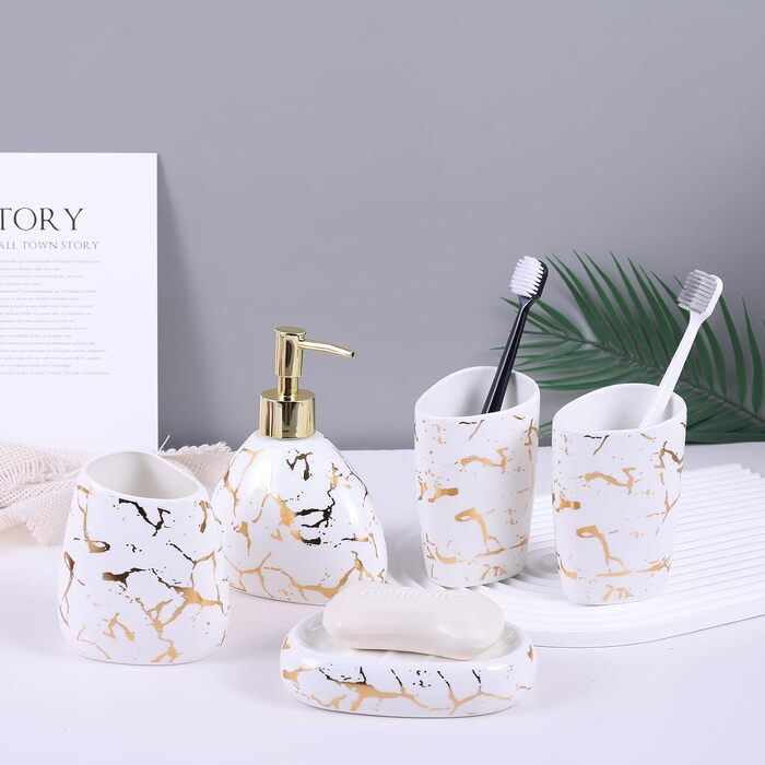 Bathroom Accessories Set, Gold Marble Look, Modern 6-Piece Bathroom Accessories Set, complete with soap dispenser, toothbrush holder, cup, tray, countertop (White Gold)