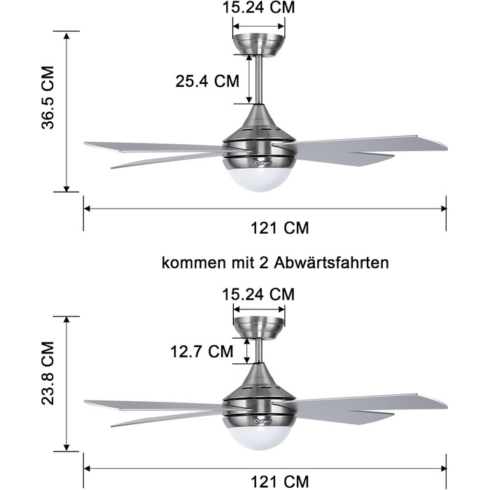 Стеляний вентилятор Ovlaim 122 см з LED-підсвічуванням та дистанційним керуванням, коричнева лампа, 6 швидкостей, DC мотор, тихий, для спальні/тераси (сріблястий)