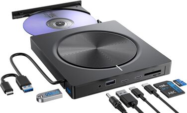 Зовнішній CD/DVD привід USB 3.0 та USB-C, оптичний накопичувач CD/DVD +/-RW ROM для ноутбука, ПК, MacBook, iMac (Windows, MacOS, Linux)