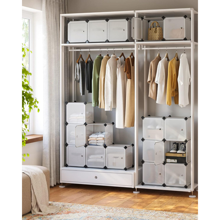 SONGMICS Regal System, Shoe Rack, Set of 16 Cubes, Plastic Closet Organizer with Doors, Stackable Shelf, Storage for Clothes, Shoes, and Books, Easy Assembly, White LPC44BS