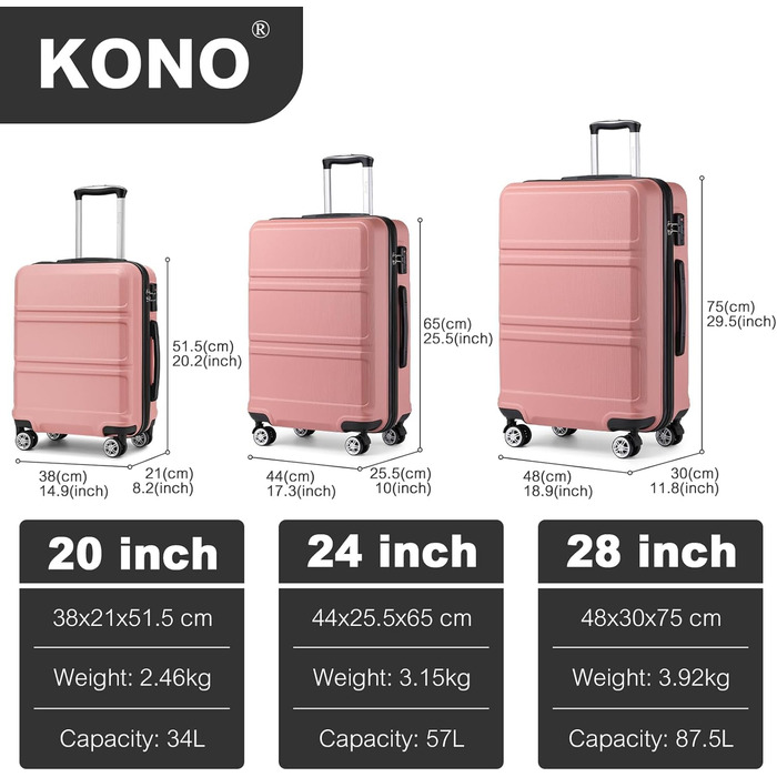 KONO Валіза-Тролей середнього розміру 24 дюйми, ABS, з TSA-замком, 4 колеса, 65×44×25.5 см, Кремово-білий (Набір 3 шт.)