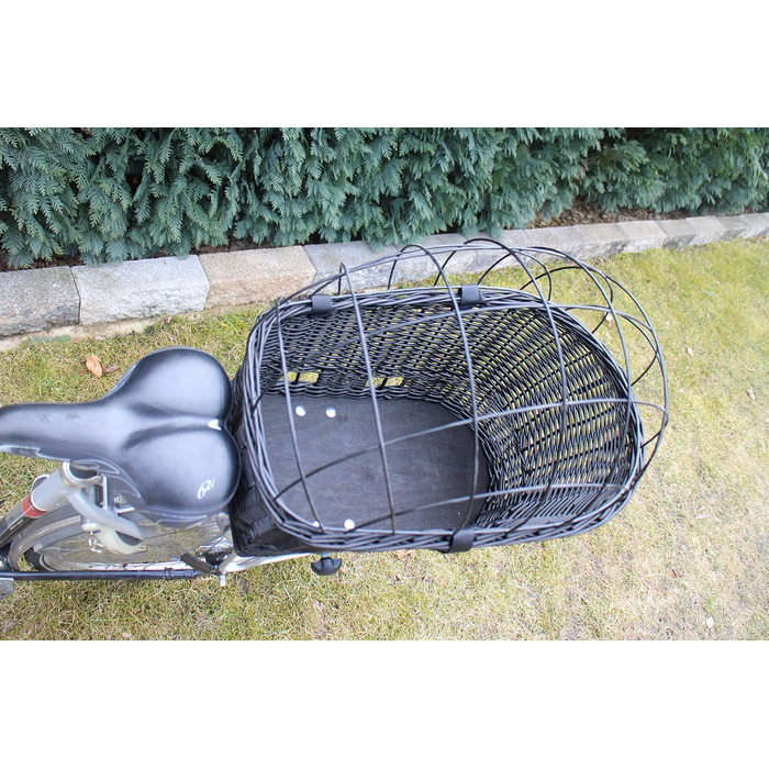 Корзина для велосипеда для перевезення багажу з лози з металевою сіткою та подушкою, чорна XL або XXL. Підходить для собак та інших тварин. Розміри: 56 x 36 x 45 см (XL без подушки)