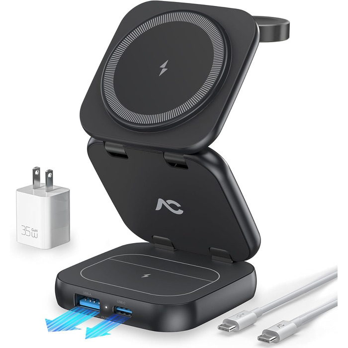 Бездротова зарядна станція AC Island 5-в-1 для iPhone 17/16/15/14/13/12, Apple Watch Ultra/11 та AirPods Pro, MagSafe, складана, срібляста (з адаптером 35W)