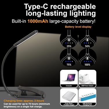 LED лампа для читання з кліпсою, USB перезарядна, 3 режими температури кольору, регульована яскравість, 360° гнучкий світильник для ліжка, столу та подорожей, білий (чорний)