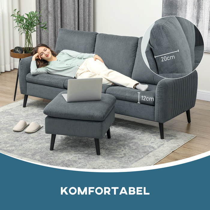HOMCOM Corner Sofa Bed with Ottoman, 3 Throw Pillows, L-Shaped Corner Sofa for Living Room, Bedroom 196 x 140 x 88 cm Grey | Aosom