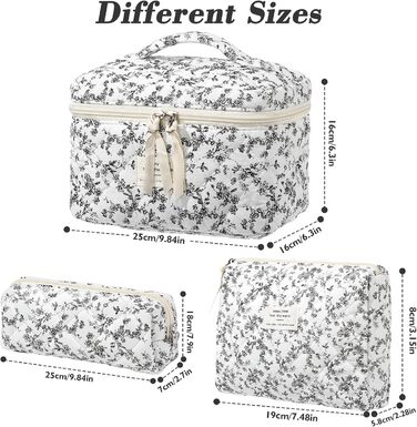 Набір косметичок 3 шт. з квітковим принтом, для жінок та дівчат | Косметичка для подорожей та повсякденного використання | Білий, чорний, квіти