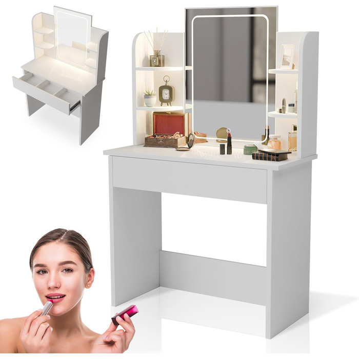 Туалетний столик Juskys Zoey з LED-підсвіткою, дзеркалом, шухлядою, 3 відділеннями та шафкою, 90x38x137 см, білий, дерев'яний косметичний стіл з LED-дзеркалом