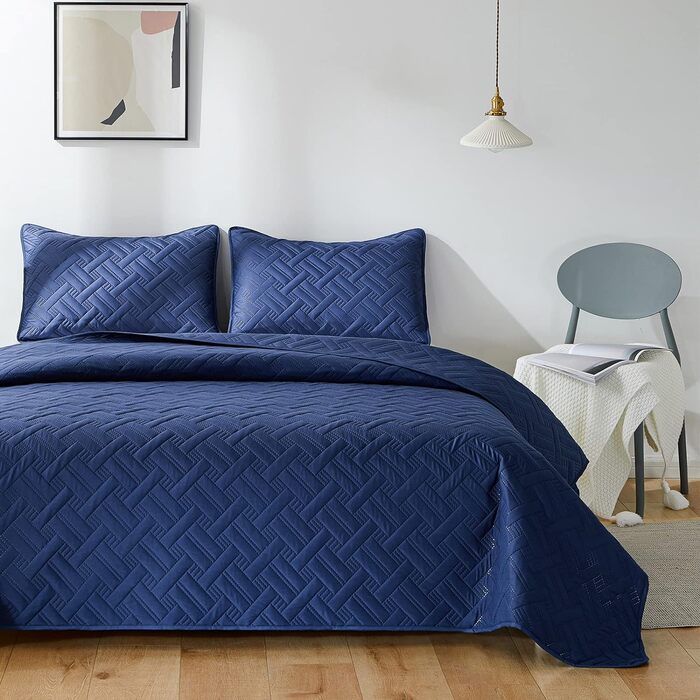 Beeweed Bedspread Throw Blanket 220x200cm Navy Blue, Bedspreads made of Microfiber, Quilted Throw Blanket Bed Cover Lightweight, Stepped Quilt with Ultrasonic Stitching and 2 Pillowcases, Basket Pattern Navy Blue 220 x 200 cm
