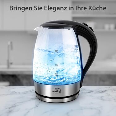 Скляний електричний чайник T24 79020 з LED-підсвіткою, 1.7 л, 2200 Вт, захист від перегріву, без BPA, сріблястий