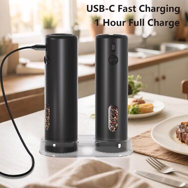 Electric Salt and Pepper Grinder Set, Rechargeable, Automatic Electric Pepper Grinder Set with Large Capacity 110ml, Externally Adjustable Coarseness, LED Light, and One-Hand Operation, Black