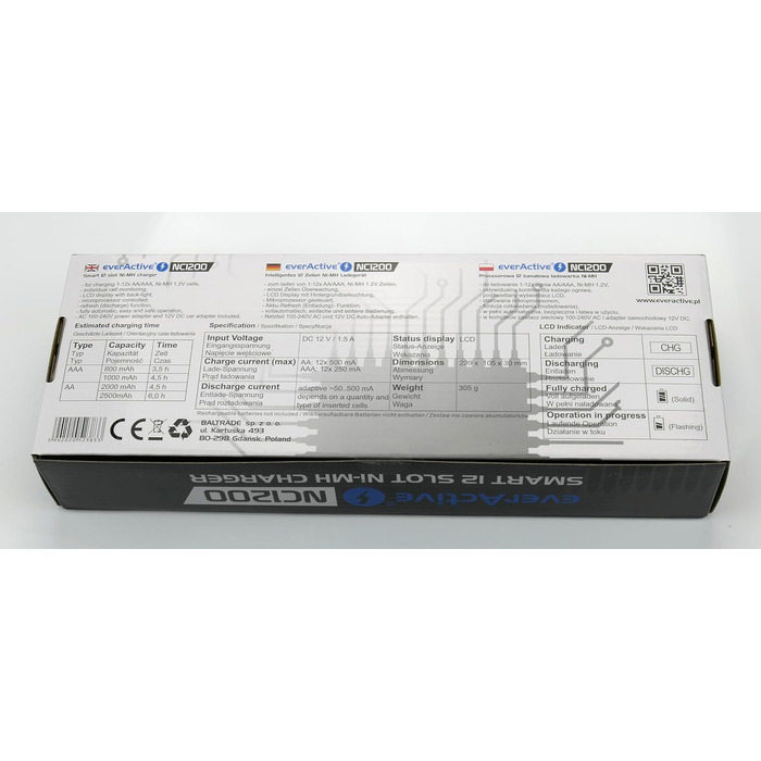 Зарядний пристрій everActive для 12 акумуляторів AAA/AA, швидка зарядка (4 години), LCD дисплей, режим оновлення, адаптер для автомобіля, модель NC-1200