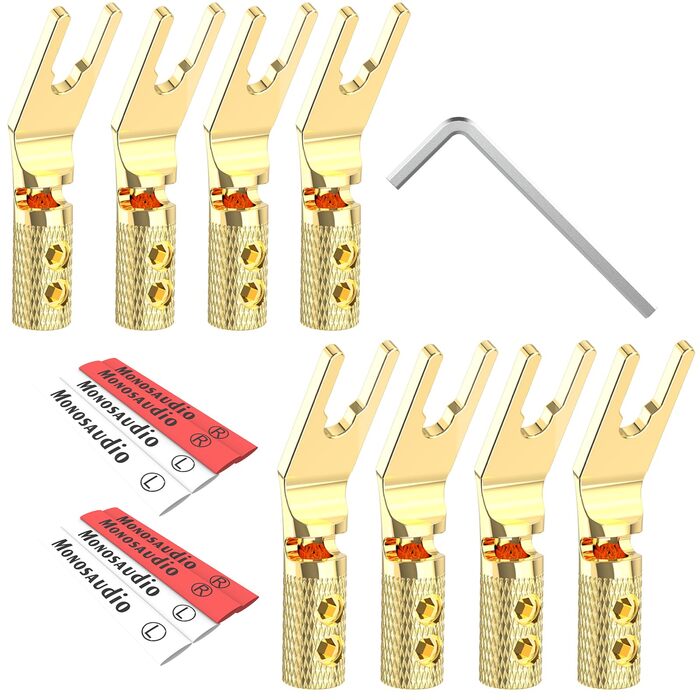 Комплект позолочених роз'ємів-вилок для акустичних кабелів Monosaudio SY1508G, чиста мідь, для кабелів 8-20AWG (до 4мм), 8 шт.