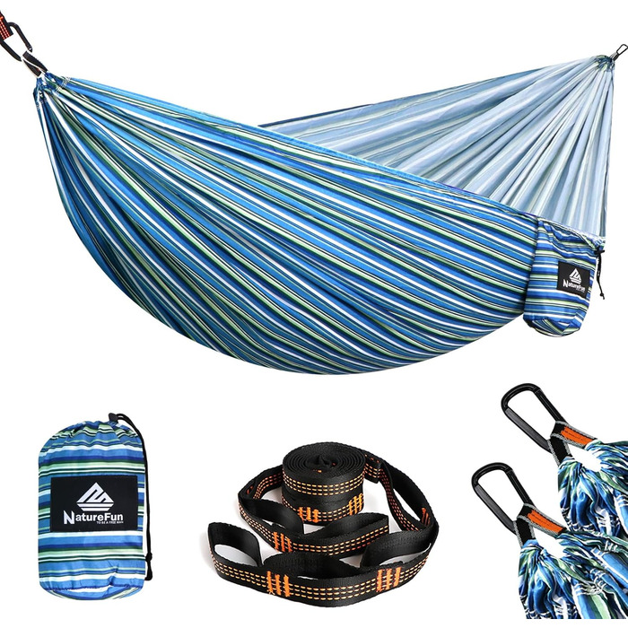 Ніжність у подорожах: Легка туристична гамак NATUREFUN | 300 кг, дихаюча, швидковисихаюча | 2 x карабіни, 2 x петлі | для відпочинку на природі, вдома, в саду (275 x 140 см, блакитно-білий)