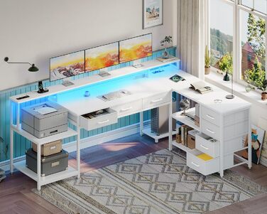 Комп'ютерний стіл Coleshome з 7 висувними ящиками та великим об'ємом зберігання, кутовий стіл з RGB LED підсвічуванням, L-подібний стіл з 2 розетками, ідеальний для офісу та геймінгу (білий, 199.5×145.5 см)