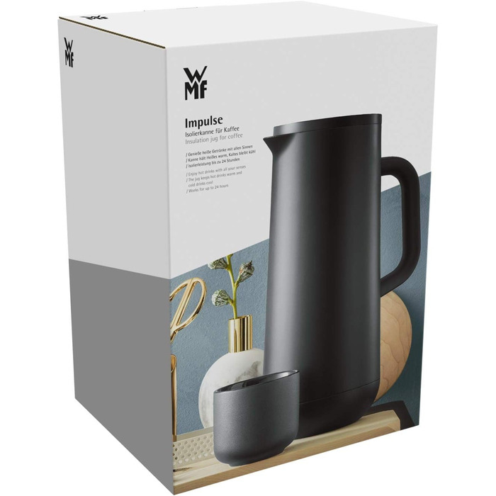 WMF Impulse Thermos Flask 1l, Insulated Carafe for Coffee or Tea, Pressure Lock, Keeps Drinks Cold & Warm for 24h, Black