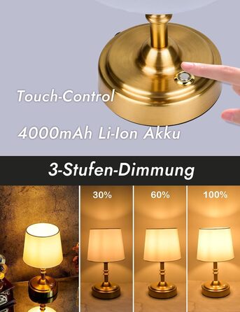 Бездротова настільна лампа з акумулятором 4000mAh, тепле світло 2700K, сенсорне управління, з адаптером/кабелем, для спальні, подарунок (золотиста)
