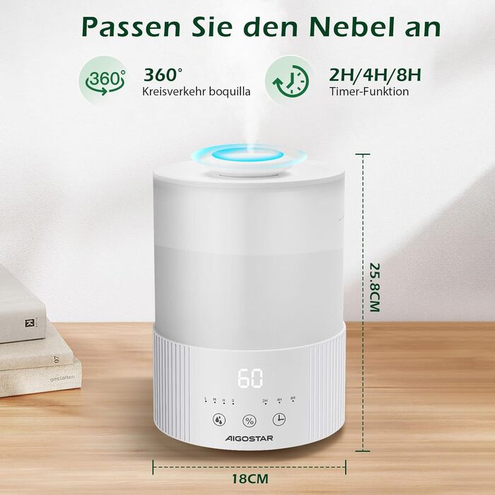 Зволожувач повітря Aigostar 2.5L з нічним світлом, 28dB, 3 режими, аромадифузор, для дитячої кімнати, рослин, немовлят