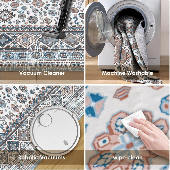 OMERAI Rug Living Room Washable Short Pile Rug Oriental Soft Bedroom Blue Non-Slip Vintage Rug 60x130CM Machine Washable Rug