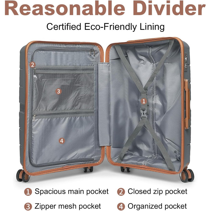 Чемодан British Traveller Mittelgroß: міцний валіза на 8 коліщатках з TSA-замком, 66 x 43.3 x 28.5 см (Сірий/Коричневий)