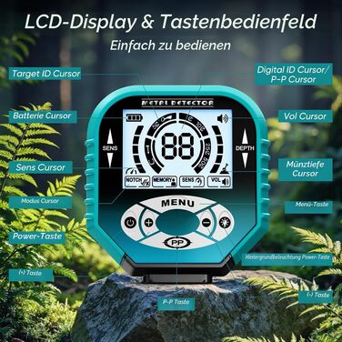 Професійний металошукач з LCD-дисплеєм та функцією точкового пошуку (PP), водонепроникна котушка IP68, регульована довжина 106-121 см, для пошуку скарбів на пляжі, блакитно-зелений