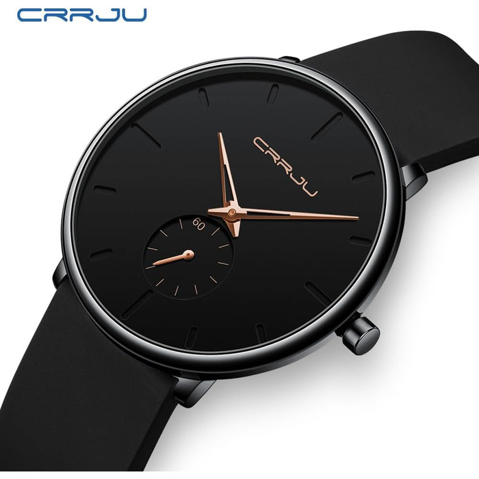 Годинник чоловічий CRRJU з силіконовим ремінцем, ультратонкий, водостійкий, мінімалістичний, спортивний, кварцовий (чорний рожевий, чорний)