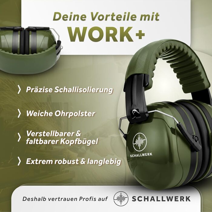 Schallwerk Work+ | Захист слуху для роботи – наголовники з регульованим розміром, високоякісні навушники для шумозаглушення – капелюхоподібні навушники для роботи та повсякденного використання (оливковий)