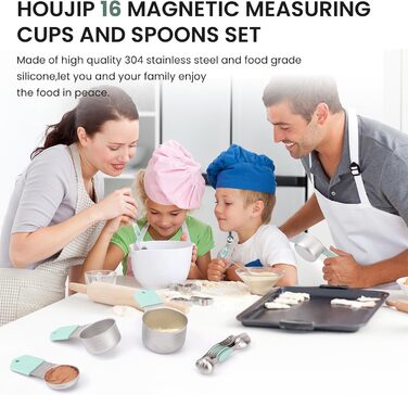 Magnetic Measuring Cup and Spoon Set, Durable 304 Stainless Steel, Double Measuring Markings, 16-Piece Set, with Leveler for Measuring Dry and Liquid Ingredients, Mint Green
