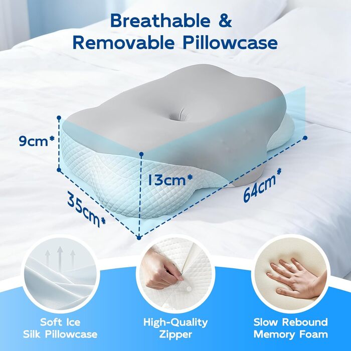 Подушка Ecliptron з піною з пам'яті: ергономічна подушка для шиї, дихаюча, знімний чохол, для тих, хто спить на боці, спині та животі (сіра)