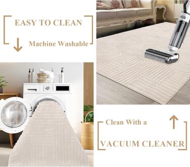 Килим для вітальні 160x230 см, великий пухнастий з коротким ворсом, миючий, сучасний, з 3D ефектом, неслизький, для їдальні, кухні, спальні, бежевий