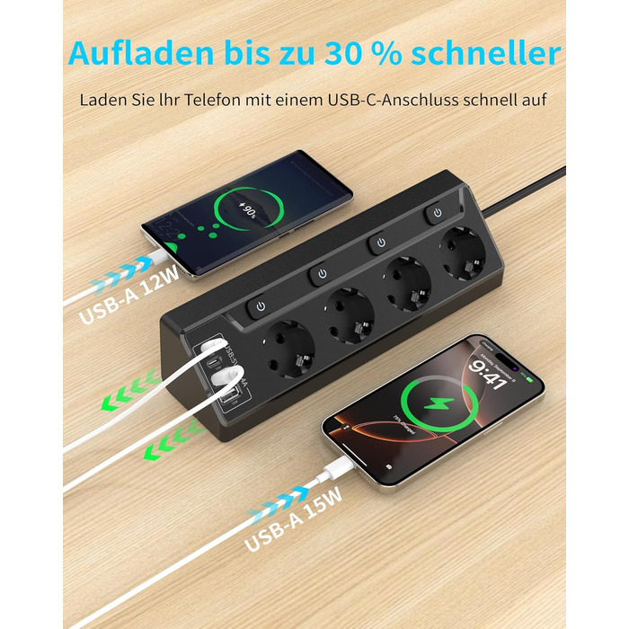 Мережевий адаптер з захистом від перенапруги Eck з USB-C, 6 розеток, 2м кабель (4000W, 16A), розподільний блок для кухні, офісу (4 розетки, чорний)